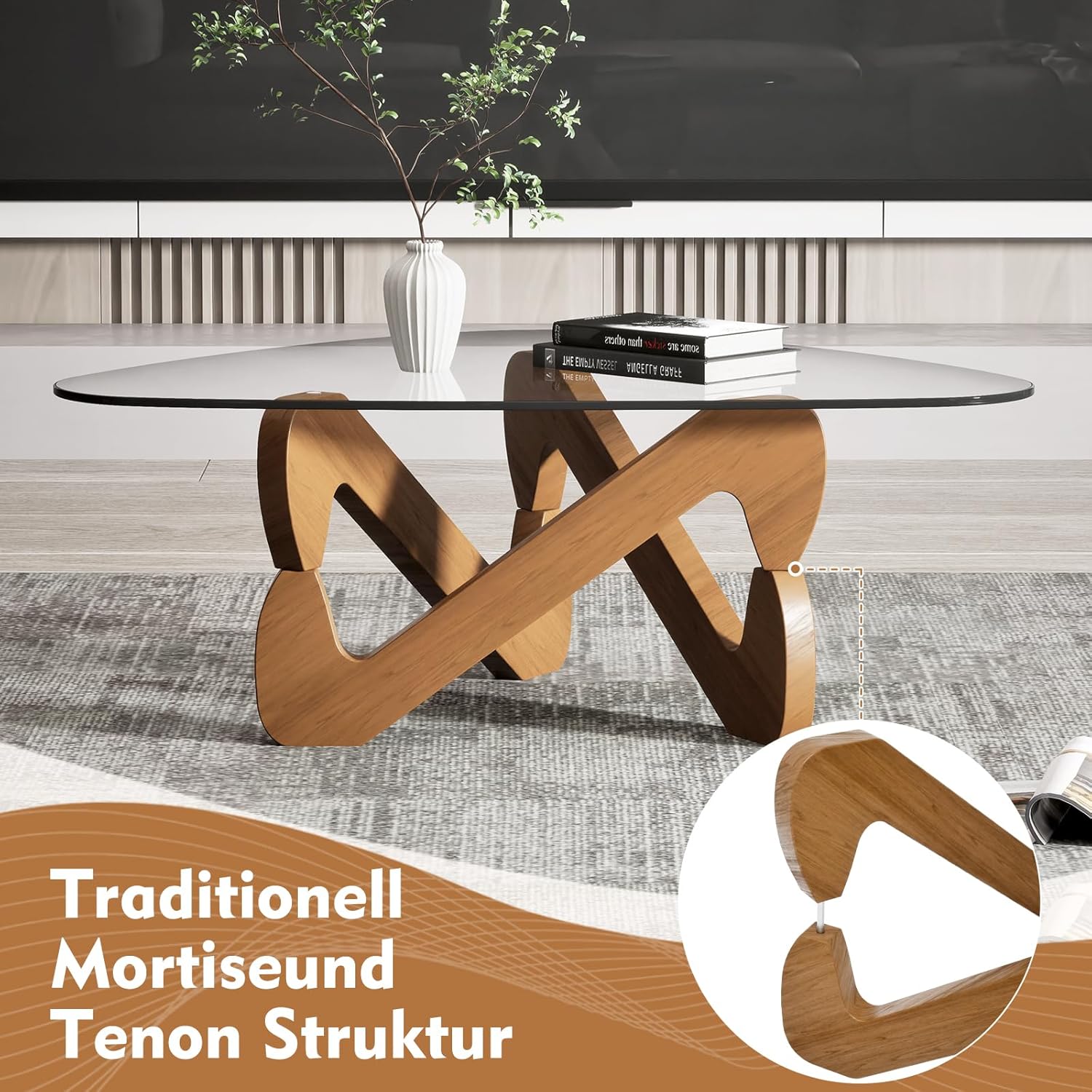 TWSOUL Dreieckiger Couchtisch aus Glas, Modern Wohnzimmertisch, Durchsichtig Couchtisch mit Holz Base, Ausgefallene Kaffeetisch für Wohnzimmer (Transparent)