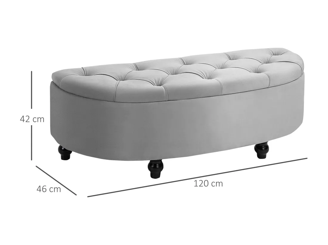 Pouf de rangement coffre 2 en 1 - pouf design classique chic capitonné demi-cercle - pieds bois hévéa noir revêtement velours gris