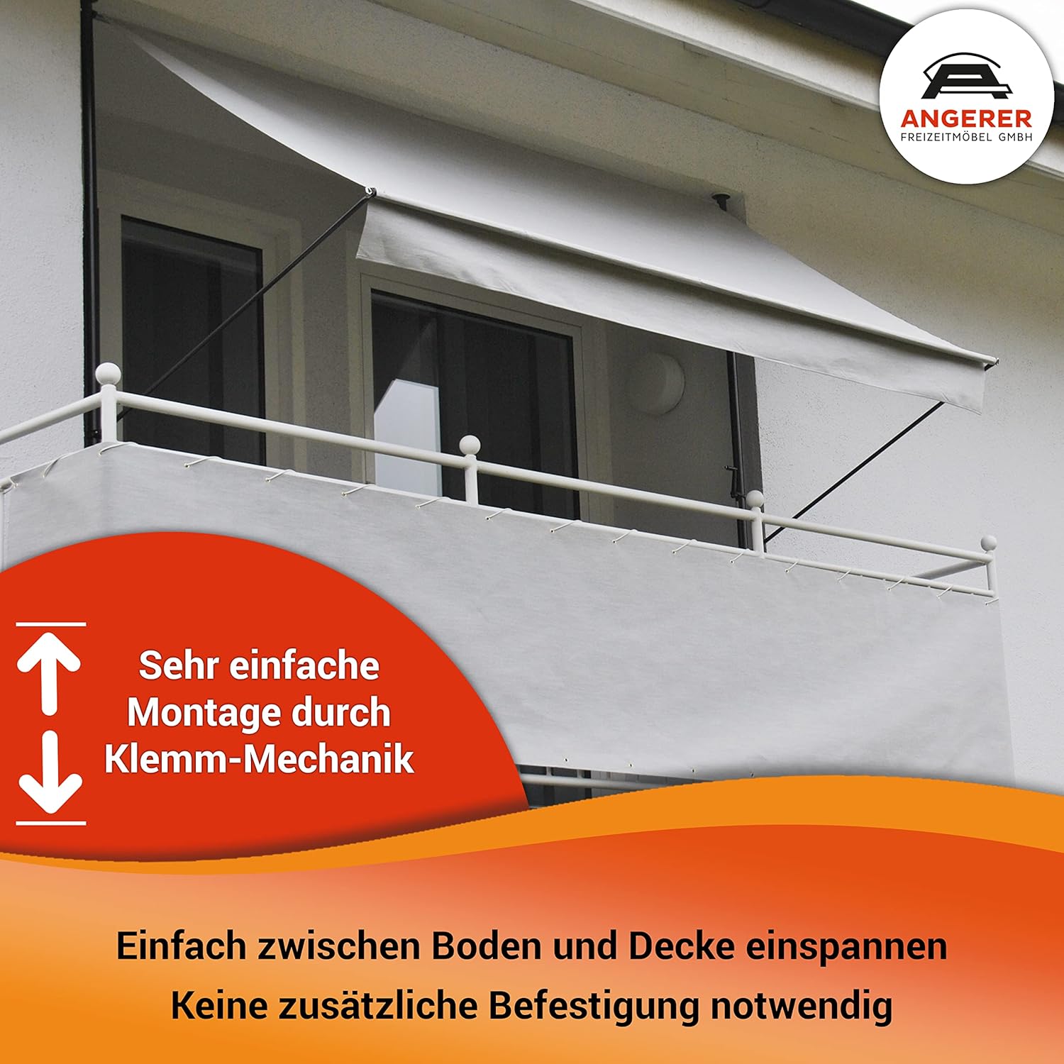 Angerer Klemmmarkise Style mit Handkurbel, Terrasse/Balkon, einfache Montage ohne Bohren, Made in Germany, hochwertiger Stoff, UV-beständig, höhenverstellbar, wasserabweisend, 300 cm Hellgrau