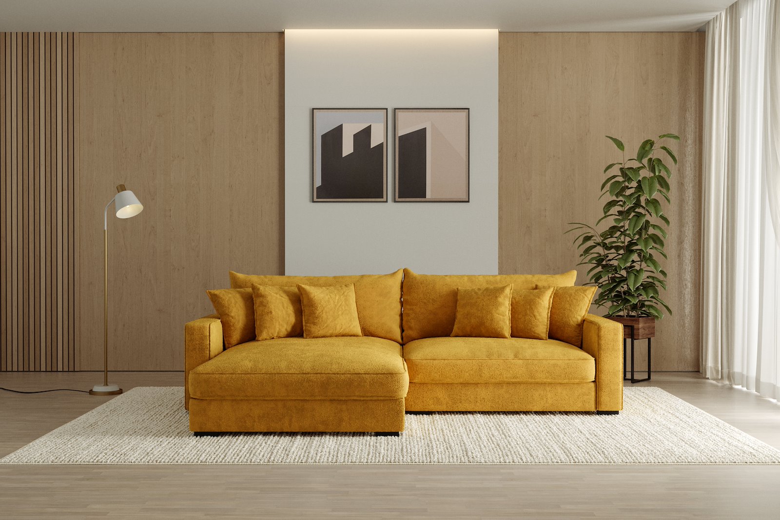 Rossi Lux 2-seter med XL sjeselong venstre Tekstil Genesis 10 Golden Yellow, arm B med sorte ben. Lux Komfort.