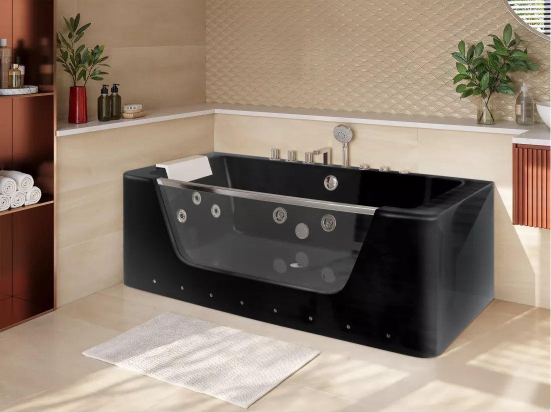Baignoire balnéo vitrée semi-îlot à leds DYONA - 1 place - 260L - 170*85*58cm - Noir brillant