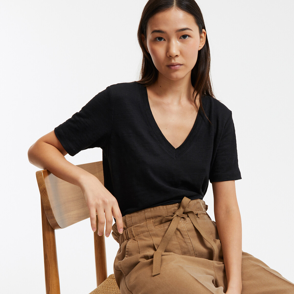 COLEÇÃO LA REDOUTE<br>Camiseta de linho com decote em V e mangas curtas
