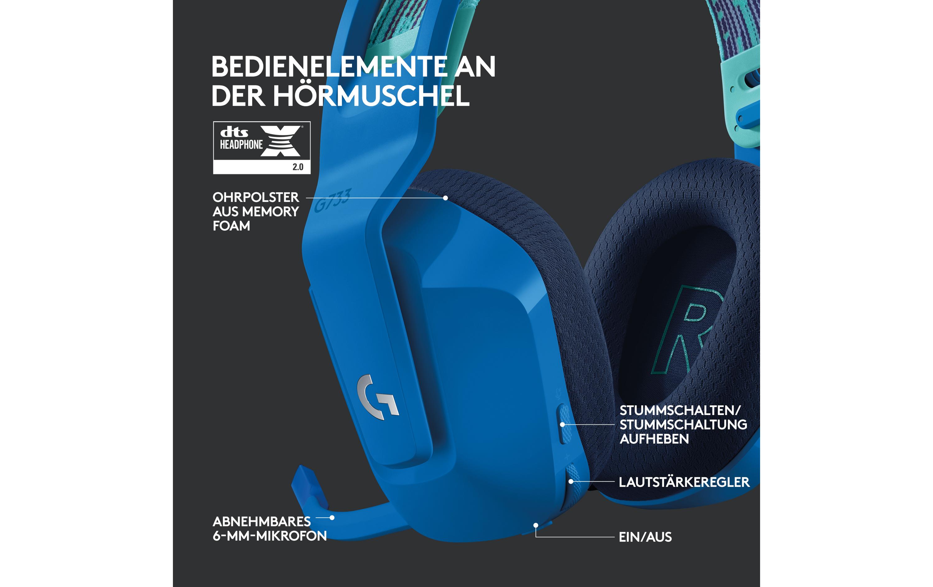 Headset G733 Lightspeed BlauWireless-Gaming-Headset mit DTS 7.1 Surround-Sound und RGB Beleuchtung