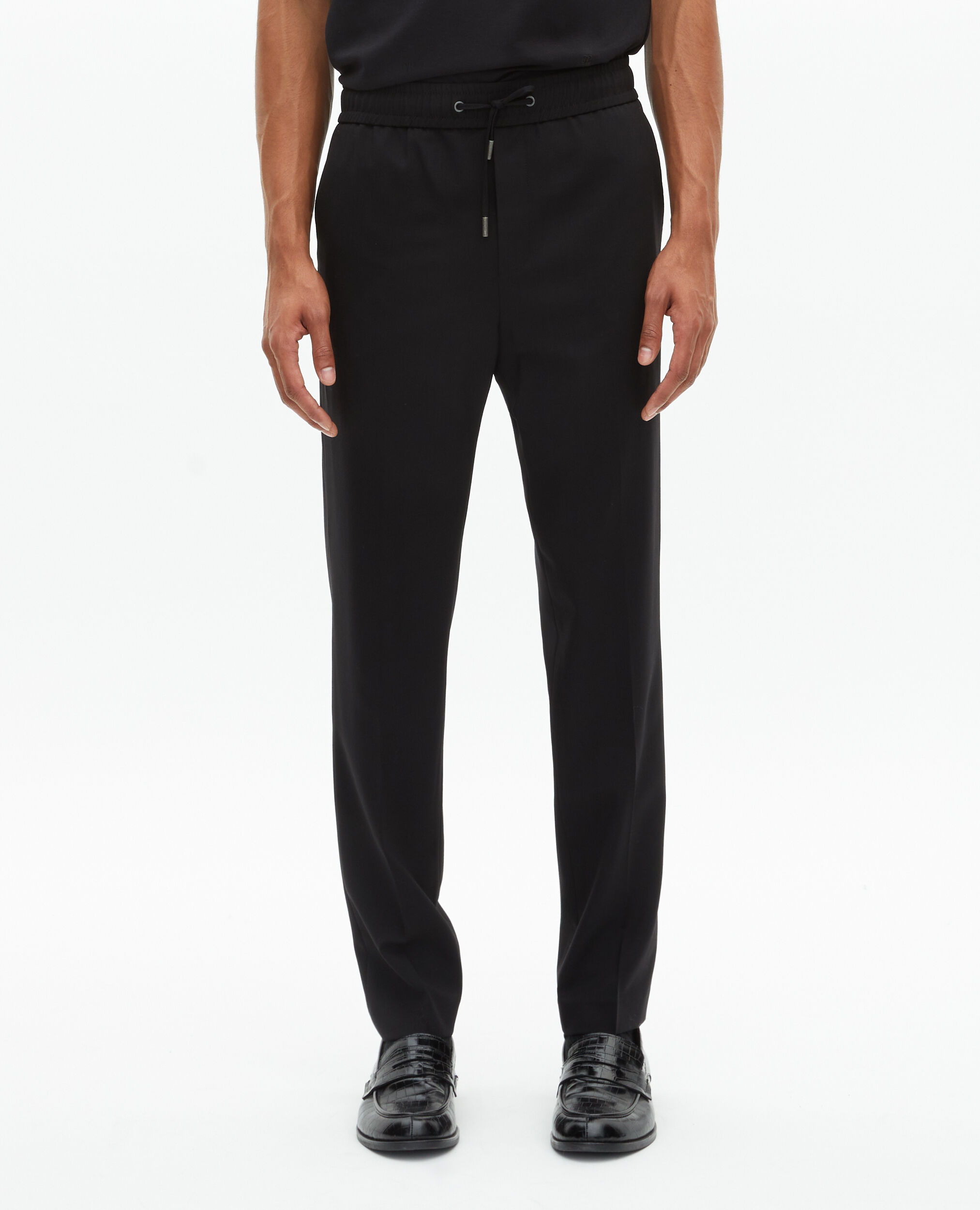 Pantalon élastiqué droit en laine noir