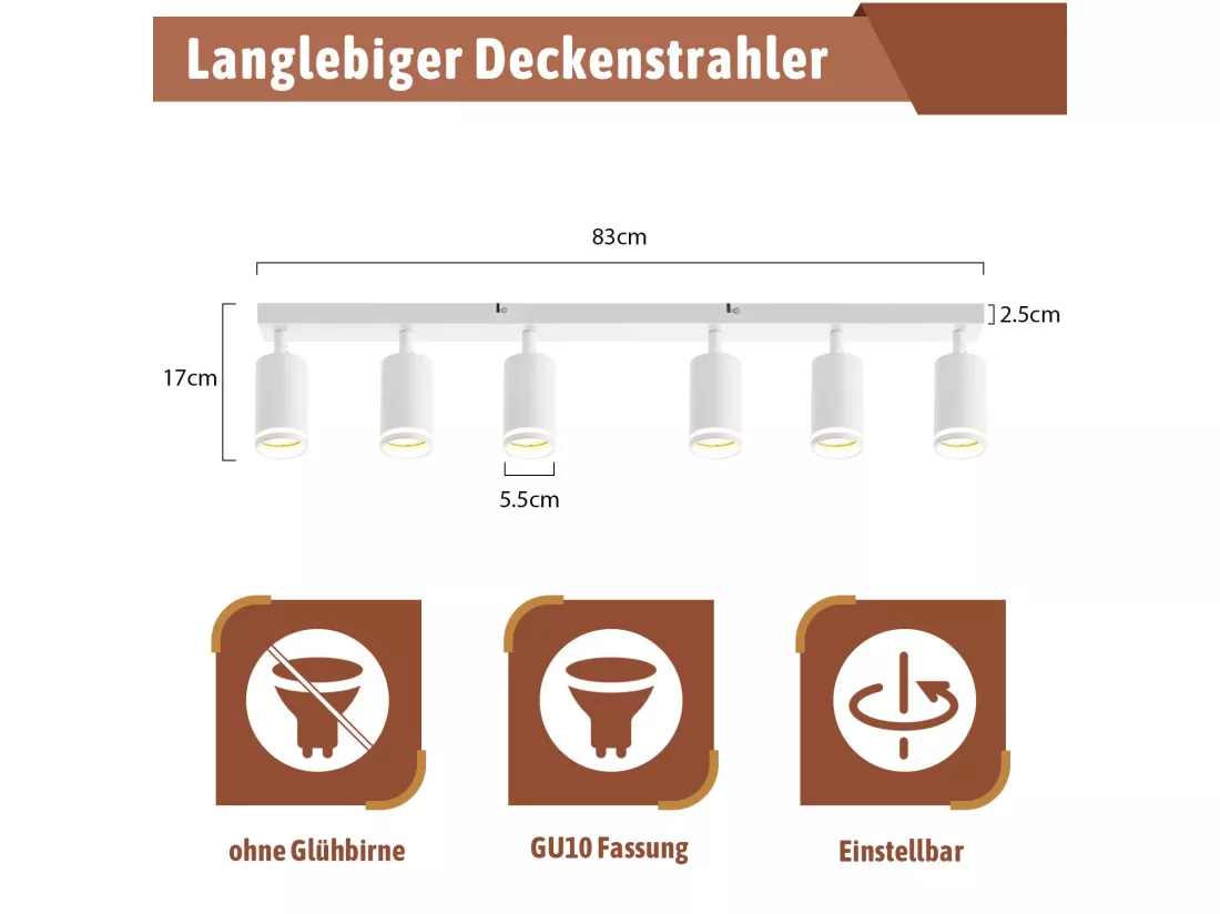 NETTLIFE Plafonnier 6 Spots moderne : plafonnier blanc spot GU10 spots orientables à 355°métal intérieur pour cuisine, salon, chambre, sans ampoule