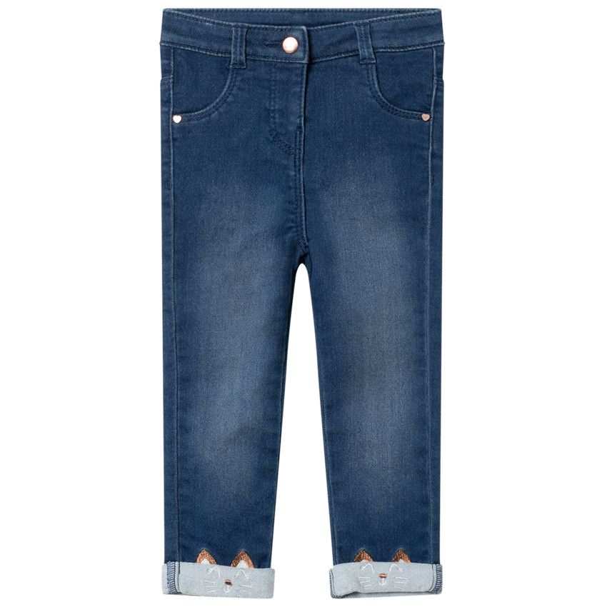 Jean effet used à chats brodés et poches - Bleu moyen