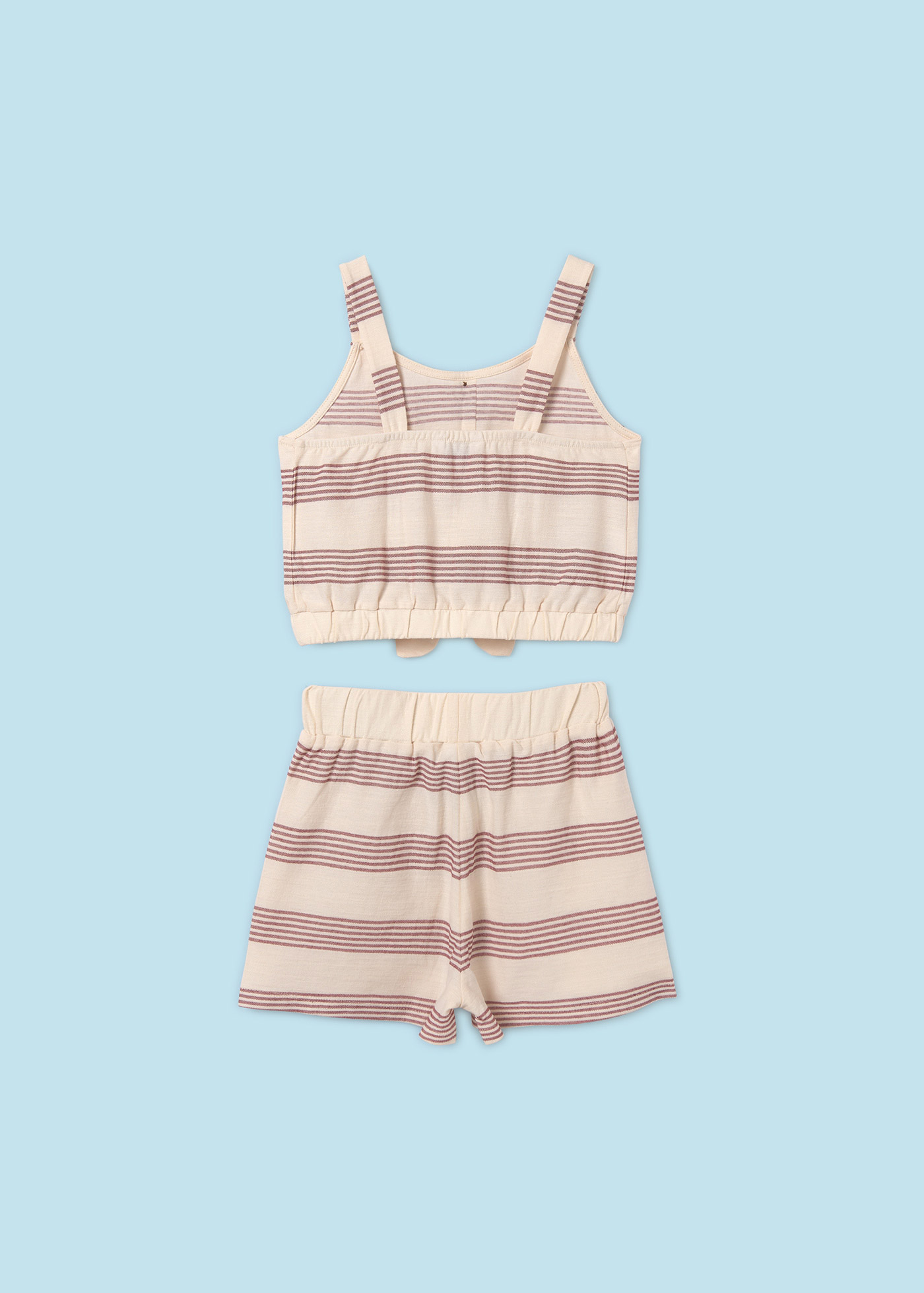 Conjunto de piqué listrado de 2 peças para meninas, cor terracota.