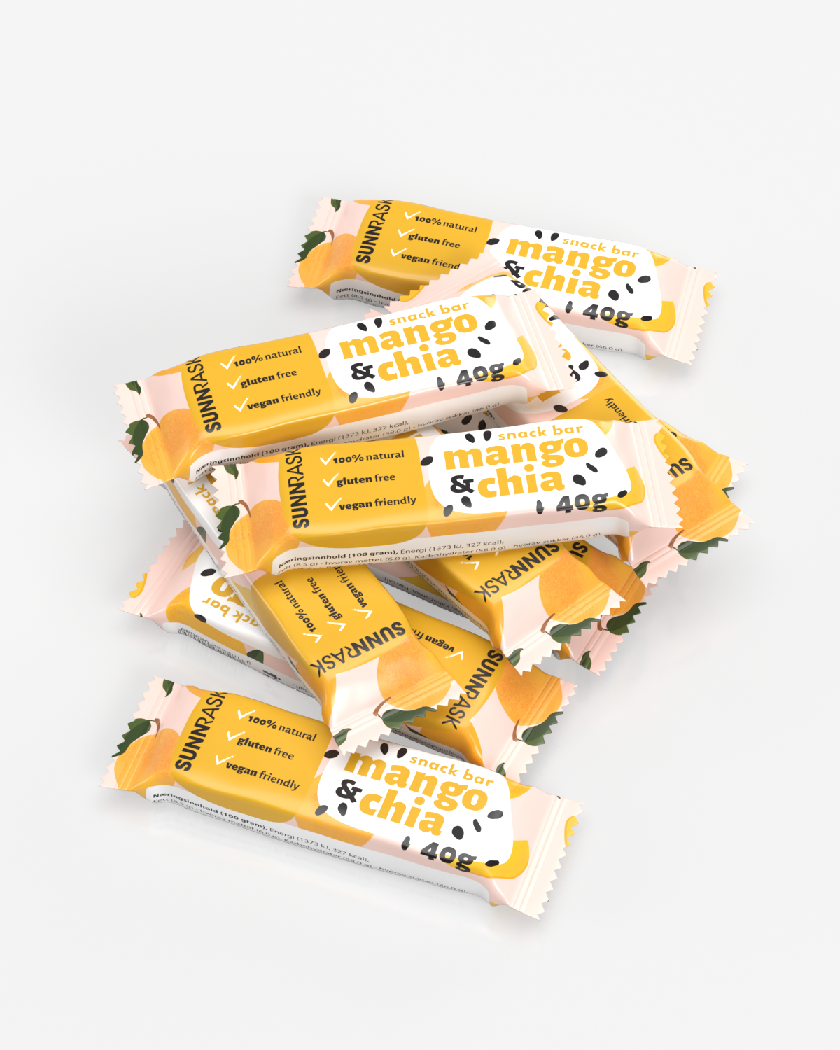 SunnRask Mango &amp; Chia Vegan Bar 10x40g - TIPAKNING!