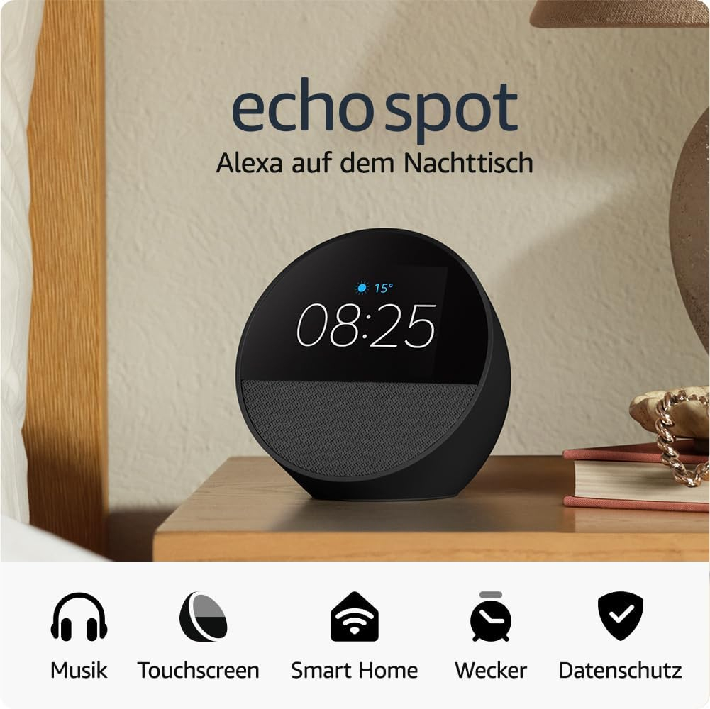 Echo Spot (2024) Smarter Wecker mit WLAN / Bluetooth und Sprachsteuerung via Amazon Alexa (B0C2S2J7JP) - Schwarz