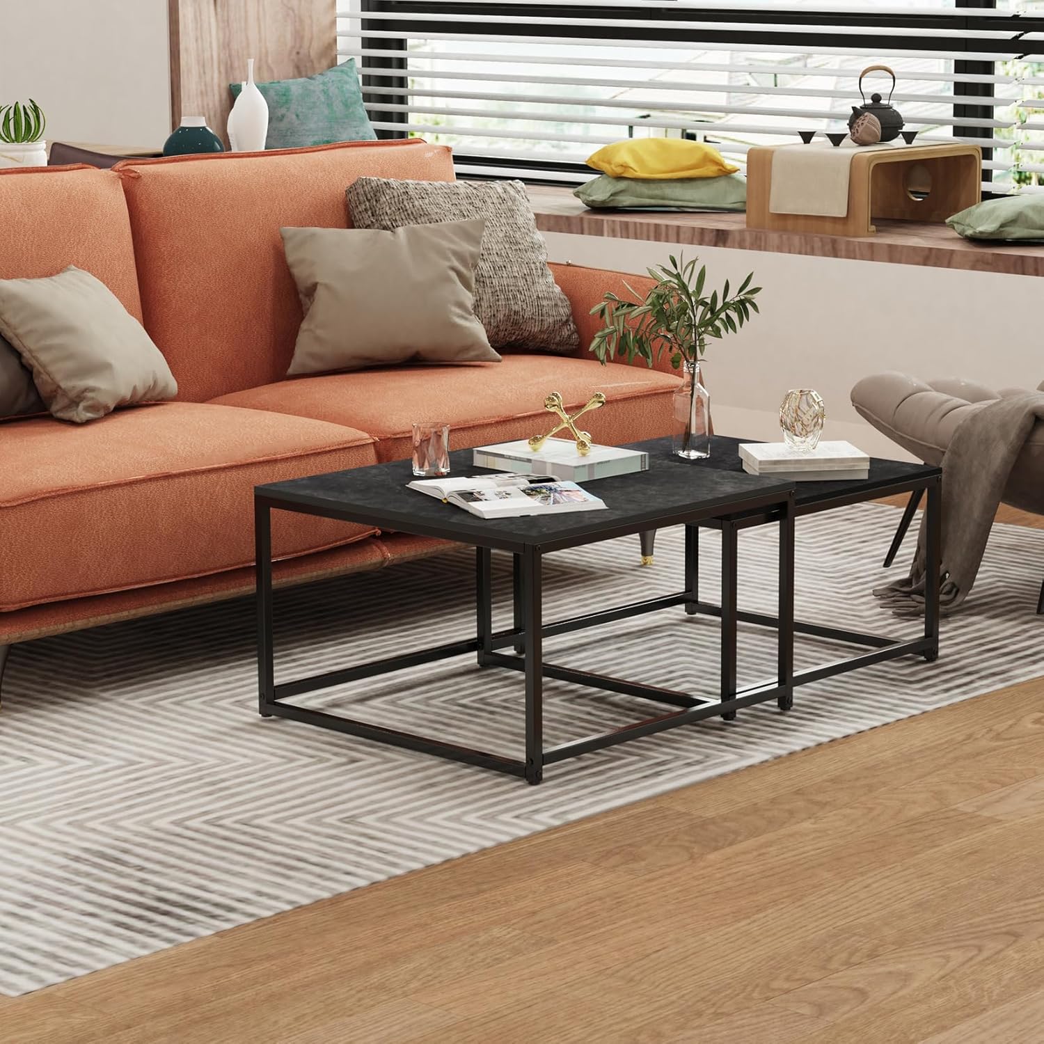 FATIVO Couchtisch Schwarz Marmor Wohnzimmertisch: beistelltisch 2er Set modern sofatisch quadratisch mit metallgestell für Wohnzimmer groß:65×65×40cm klein:60×60×34cm