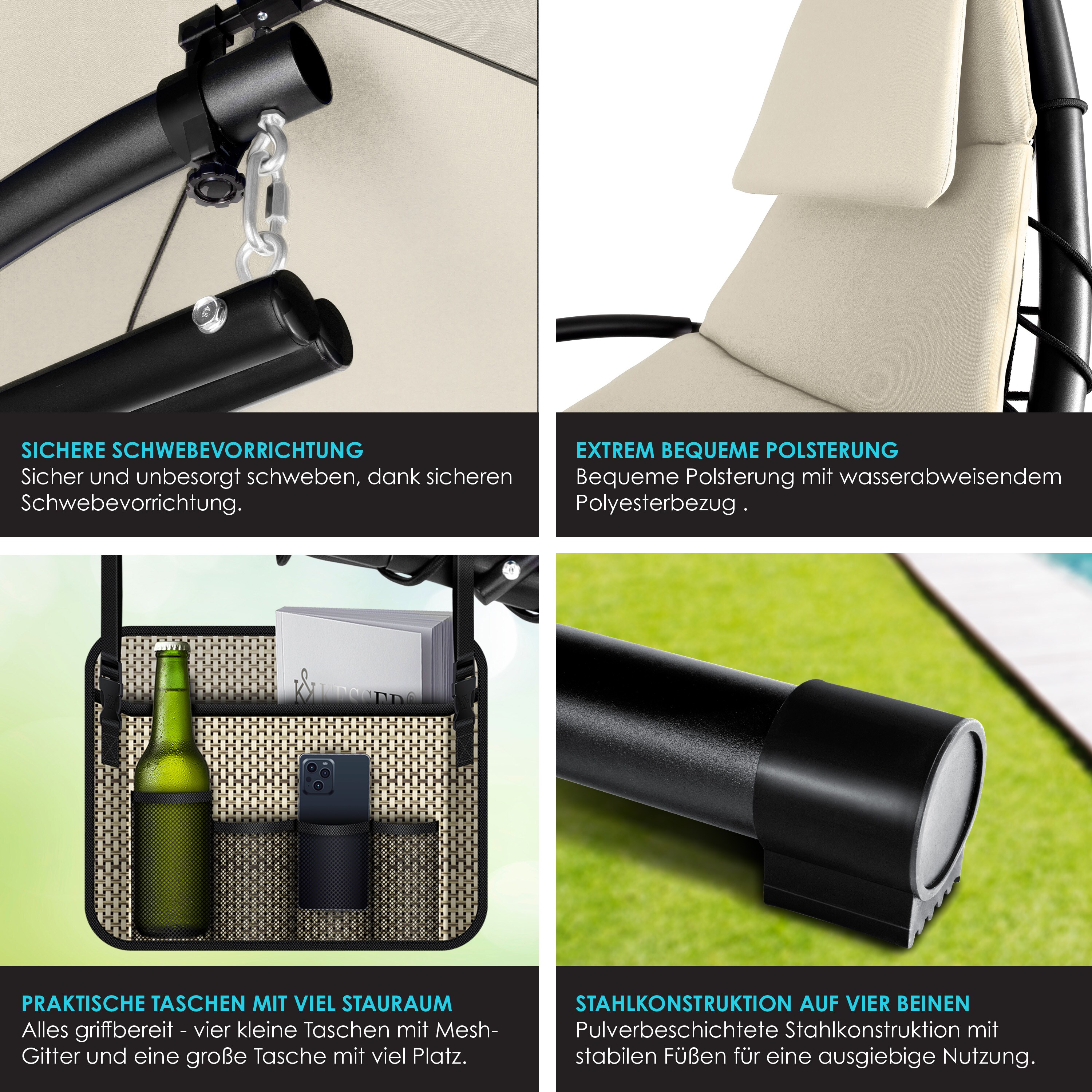 KESSER® Schwebeliege mit Sonnenschirm, Hängeliege , Sonnenliege H200, L194, B100 cm, Relaxliege, Schaukelliege Hängematte , bis 120 kg belastbar , Schaukelliege, Auflagen - Nackenkissen
