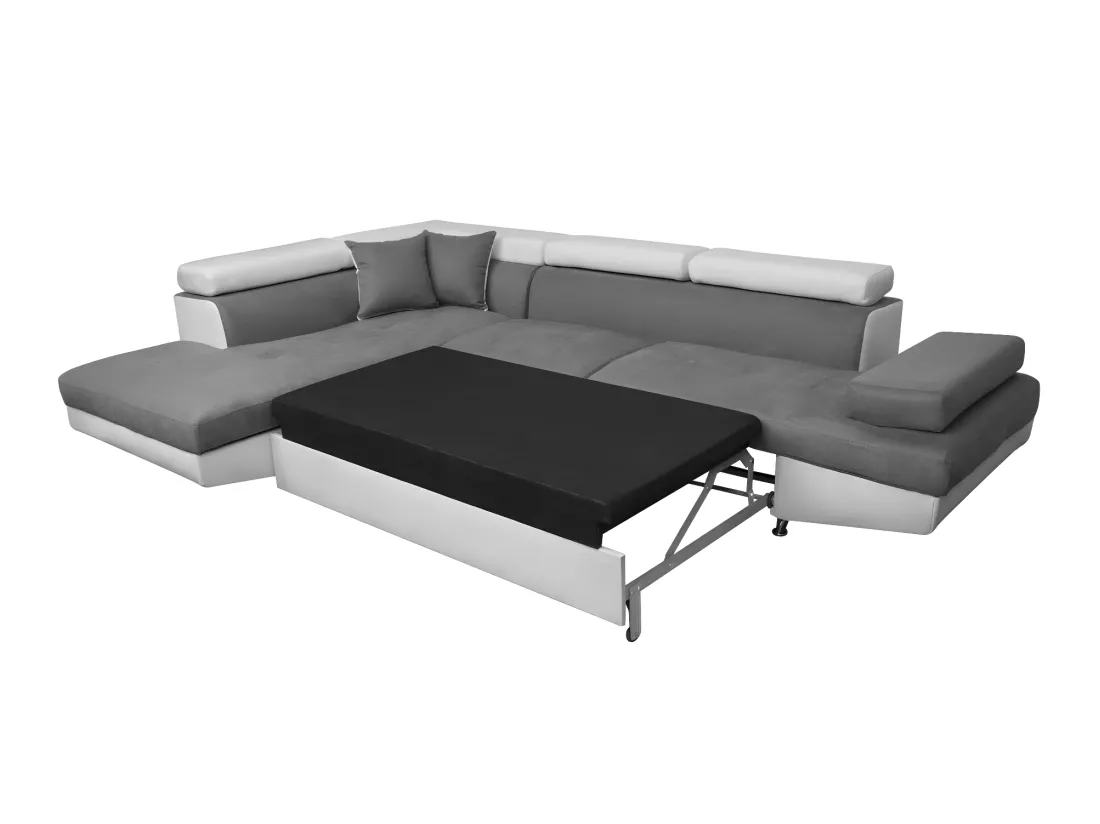 Canapé d'angle gauche 5 places Rio Convertible avec coffre en microfibre et simili - Blanc/Gris - L271 x P192 x H70cm - Loungitude
