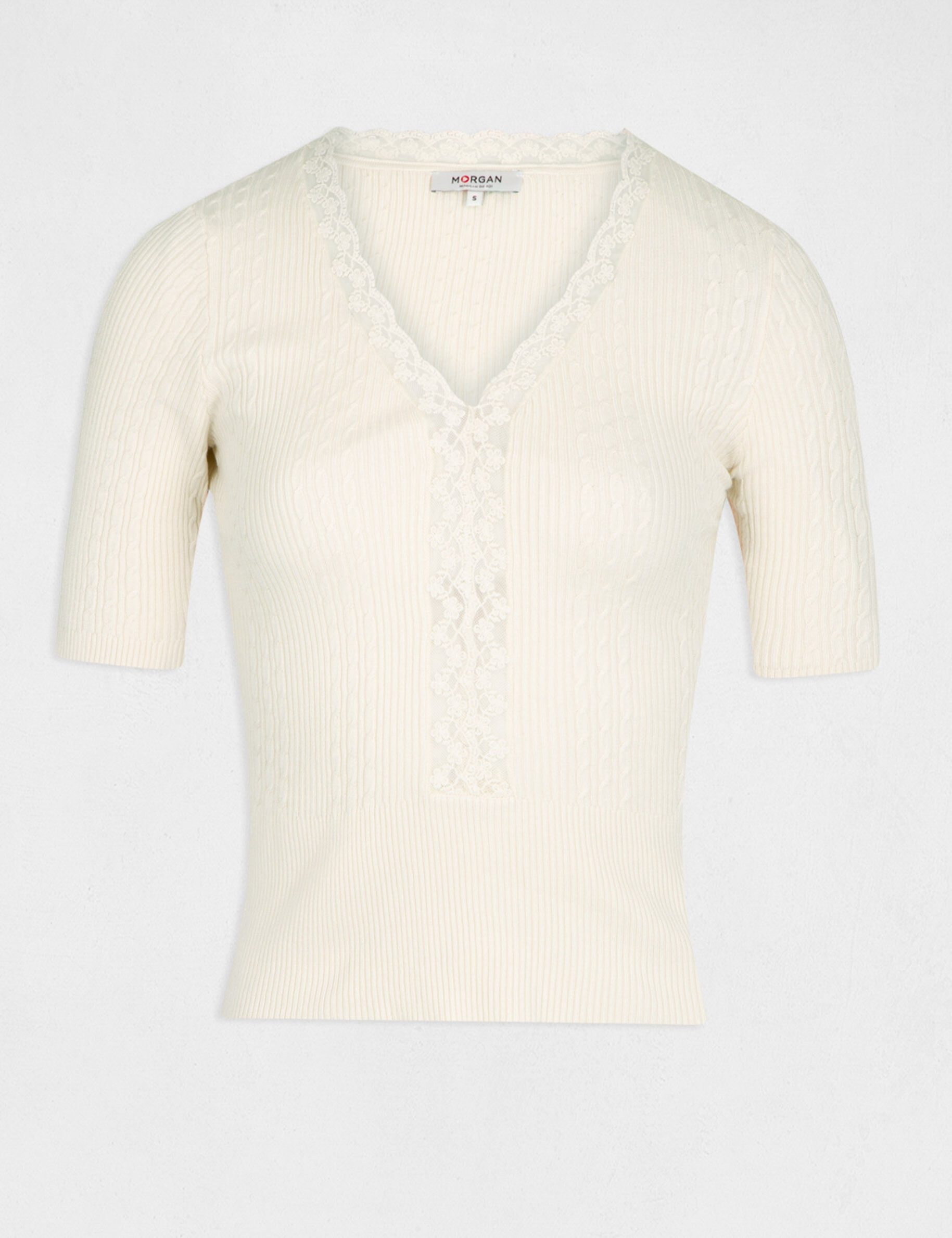 Pull manches courtes avec col en V ivoire femme - ivoire