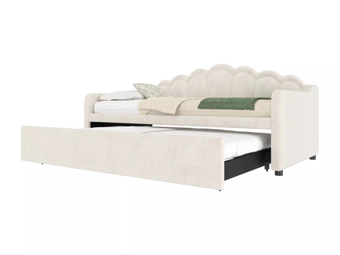 Canapé-lit 90x200/180x200 cm - avec lit gigogne - avec bande lumineuse LED - velours - beige (matelas non inclus)