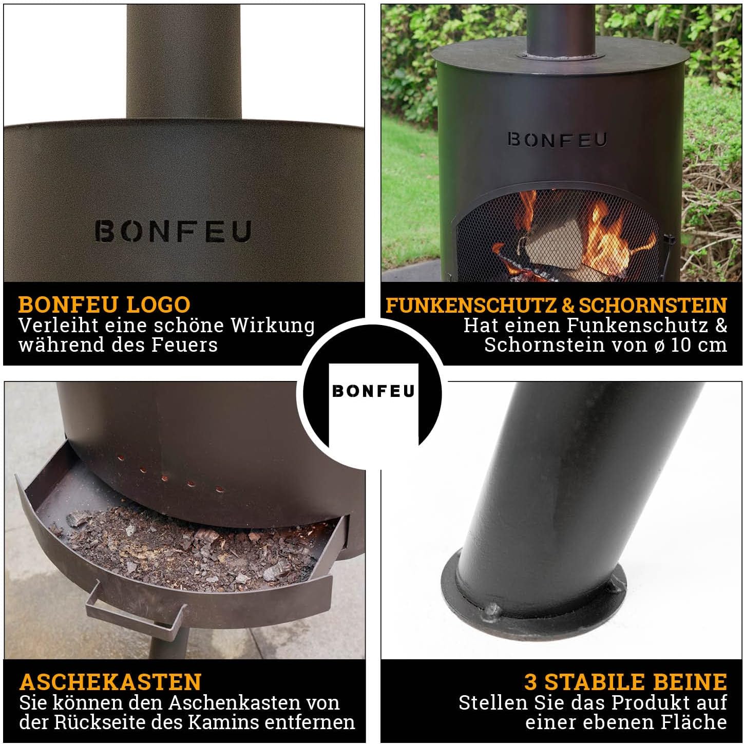 BonFeu BonTon 40 Schwarz - Terrassenofen - Feuerstelle mit Funkenschutz für entspannte Abende - Feuersäule Outdoor - Terrassenkamin mit Grillrost - Gartenofen aus Cortenstahl - 40x40x145cm
