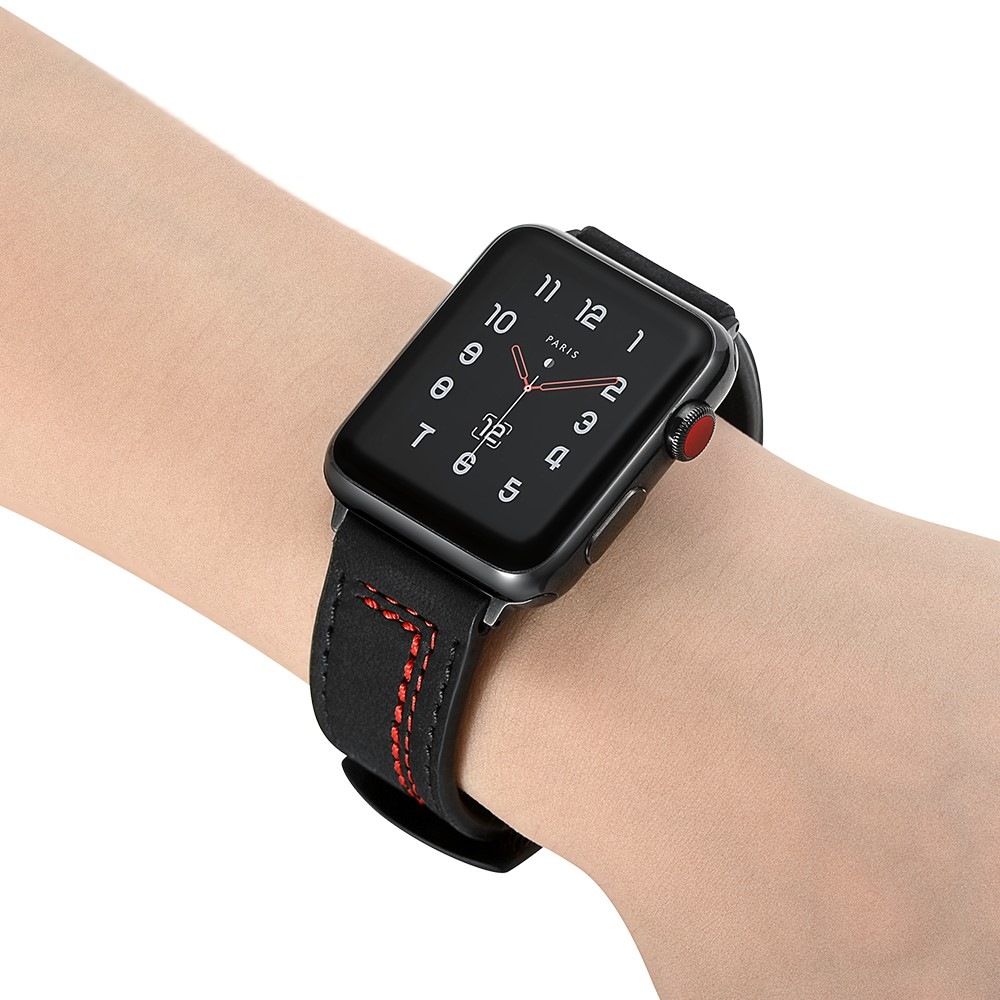 Apple Watch (49/46/45/44 mm) Ersatz Echtleder Stripes Armband (Gelenkumfang: 175-220mm) - Schwarz / Rot