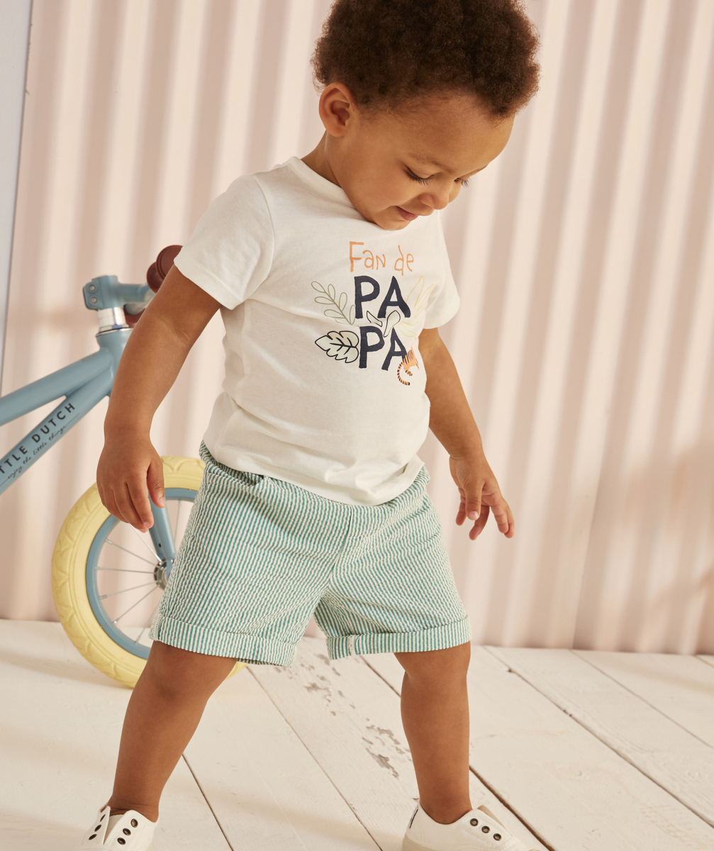 BERMUDA DROIT BÉBÉ GARÇON EN COTON RAYÉ VERT ET BLANC