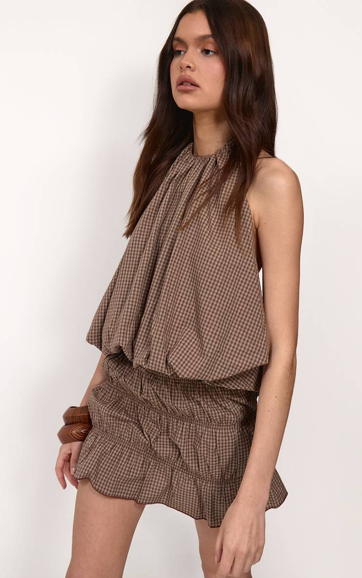 Marron Ensemble Jupe À Carreaux Avec Volants