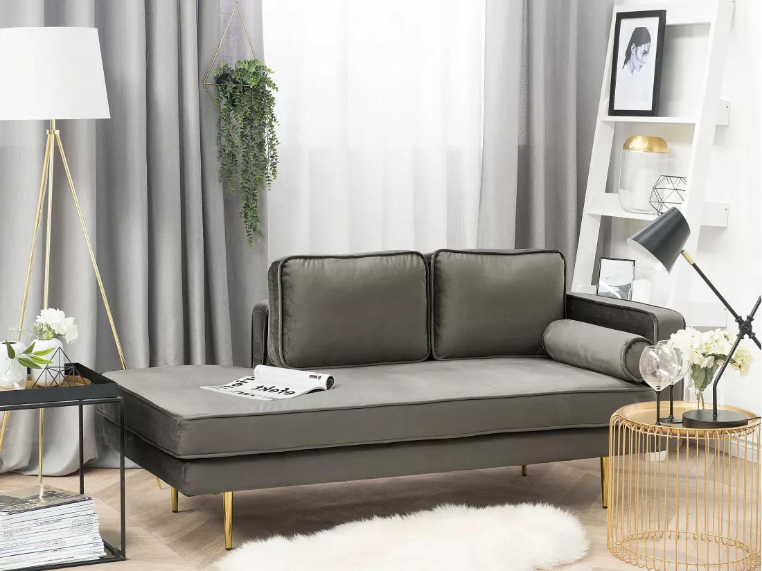 Méridienne en velours gris taupe côté droit MIRAMAS