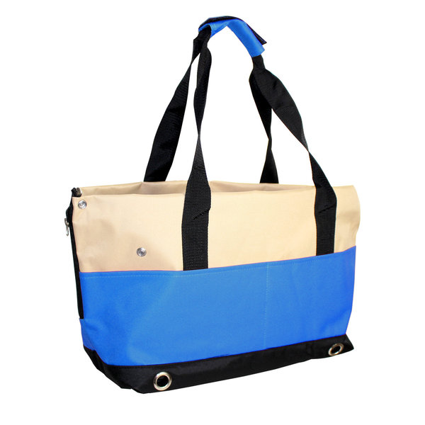 Bolsa de transporte azul para cães e gatos, com 4 bolsos laterais e proteção anti-salto.