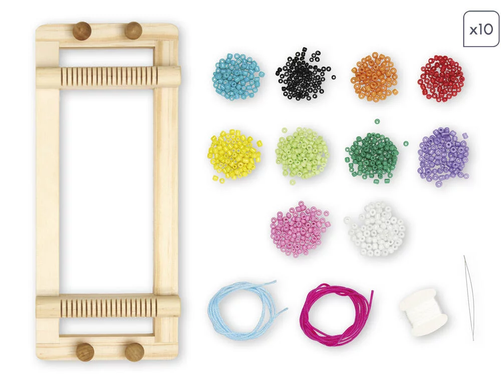 13 BIJOUX POPS EN PERLES ET UN METIER A TISSER