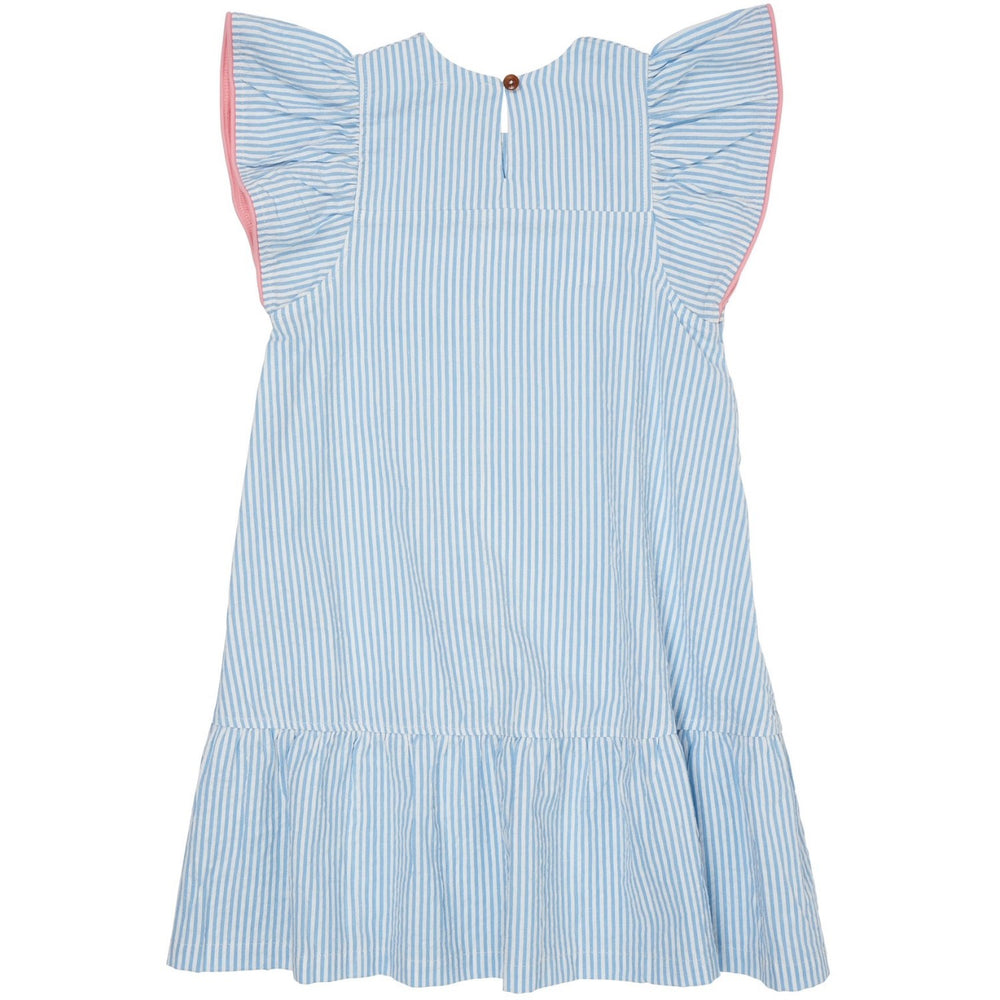 Køb COPENHAGEN COLORS Sky Blue W Cream Stripe W. Pink Seersucker Kjole W. Flæse Ærmer