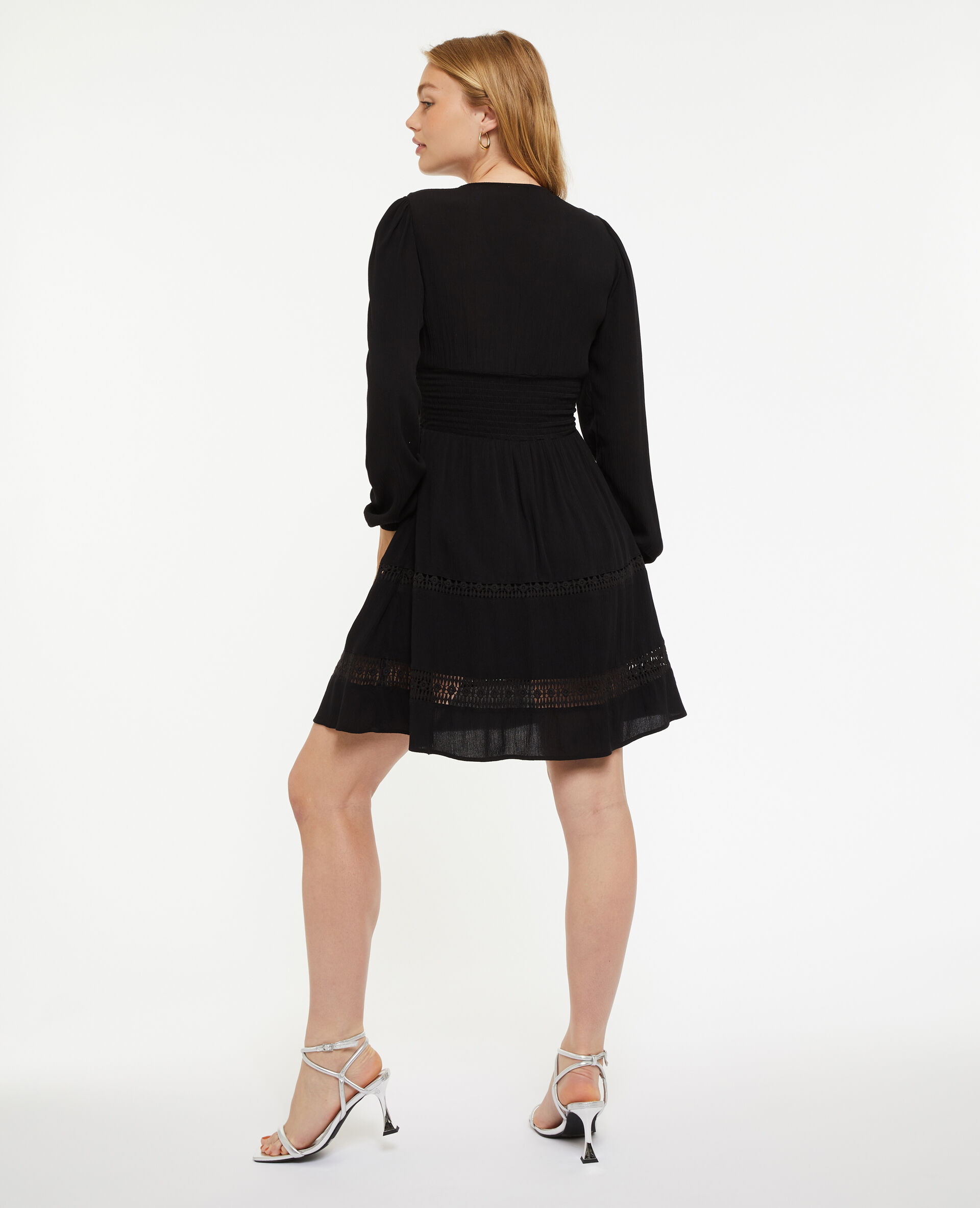 Robe courte col V avec dentelle et boutons - Noir