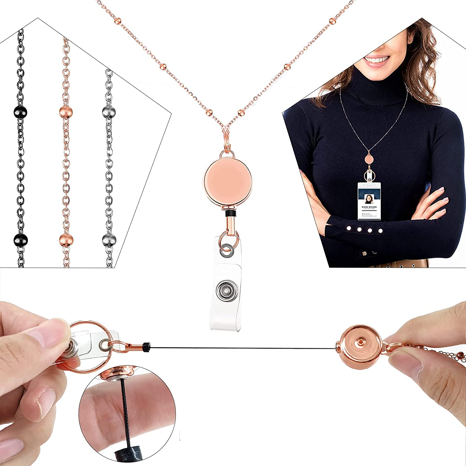 (3er Set) Anti-Lost Key-Bak Schlüsselanhänger mit Necklace / Kartenhalter / Ausweishülle - Grau / Silber / Roségold