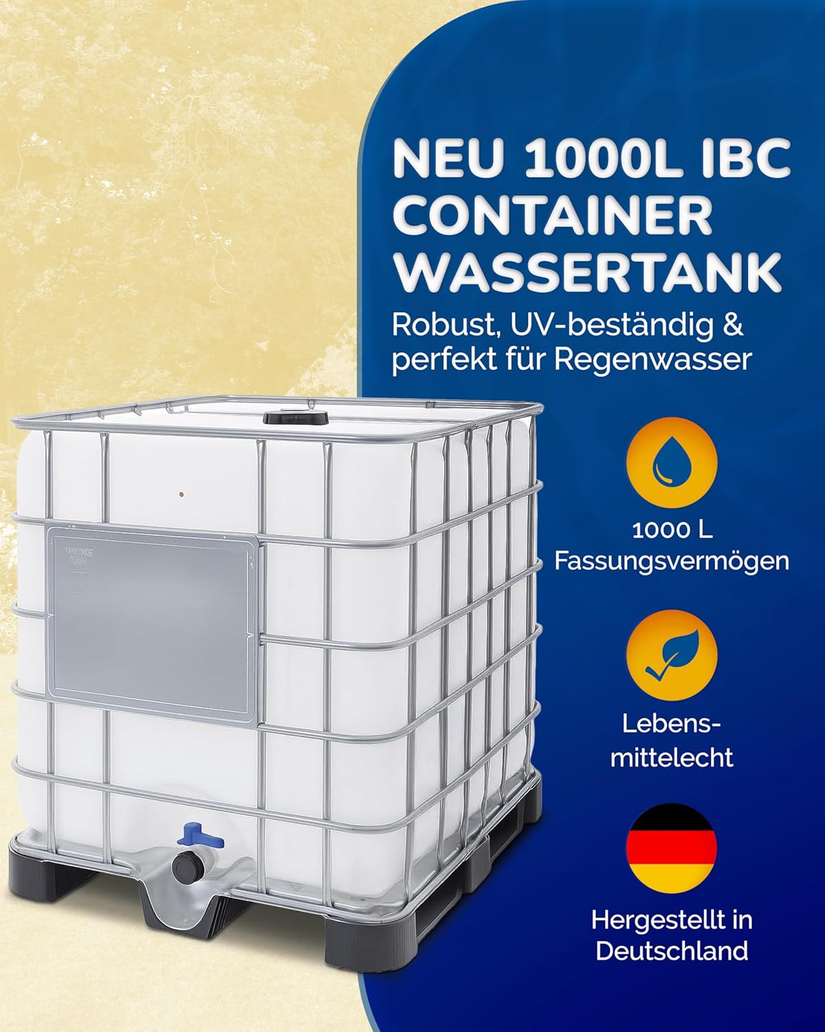IBC Container 1000 Liter (neu) – Regentonne, Regenfass, Wassertank XXL mit Kunststoffpalette – lebensmittelecht & UV-beständig, wiederverwendbar – als Regenwassertank für Garten & Industrie