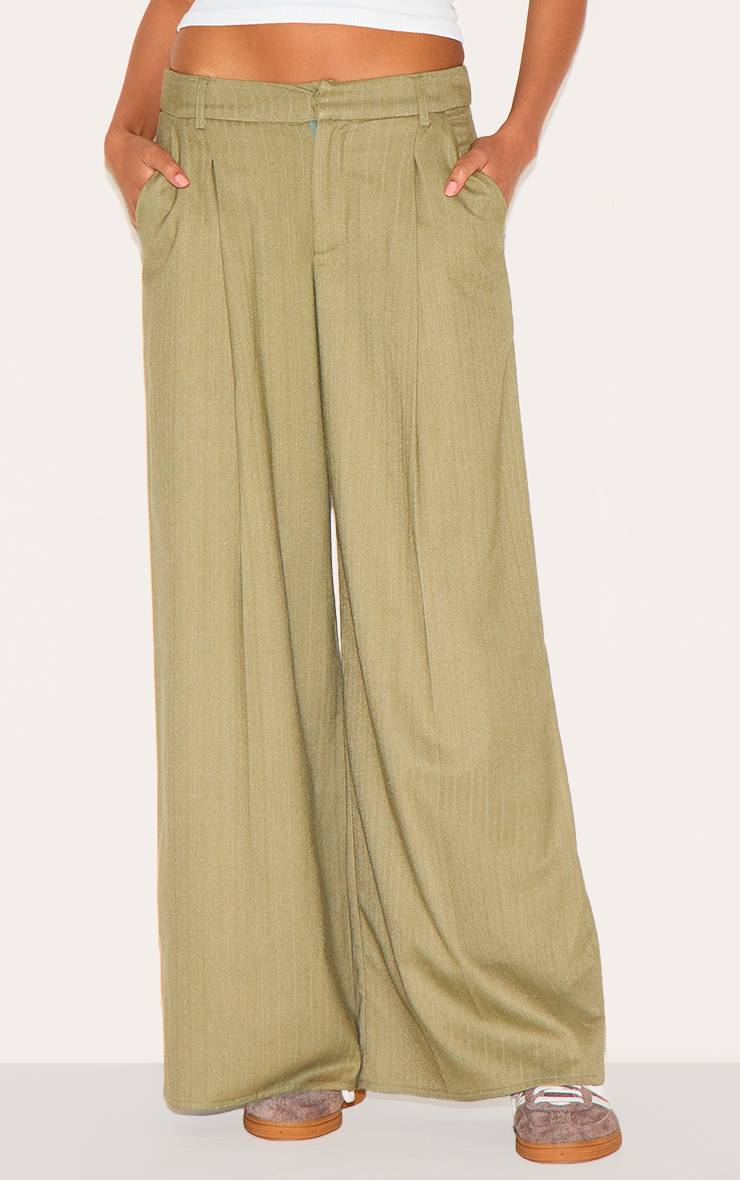 Vert Olive Pantalon Droit Ajusté À Fines Rayures En Tissu Tissé Premium