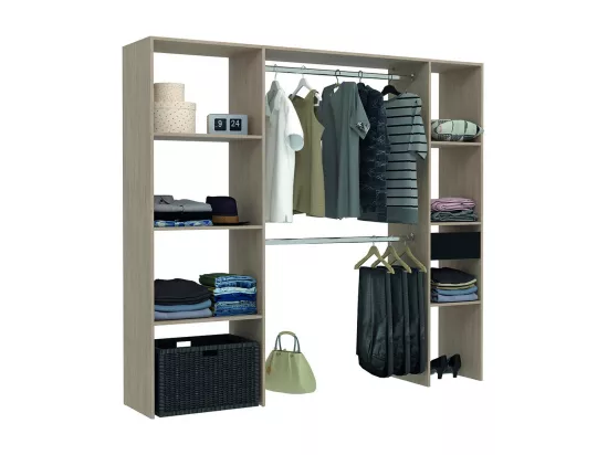 Dressing bois avec 6 étagères, 1 tiroir, 2 penderies : 198 x 40 x 180 cm ELYSEE