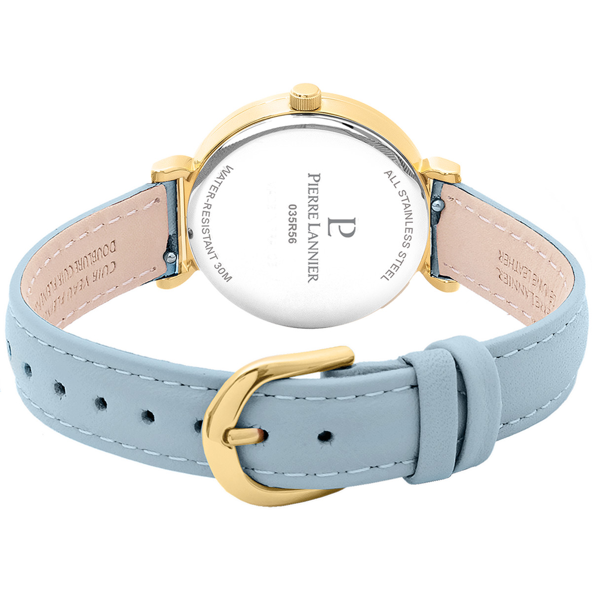 Montre PIERRE LANNIER Ligne Pure femme acier doré jaune bracelet cuir bleu ciel