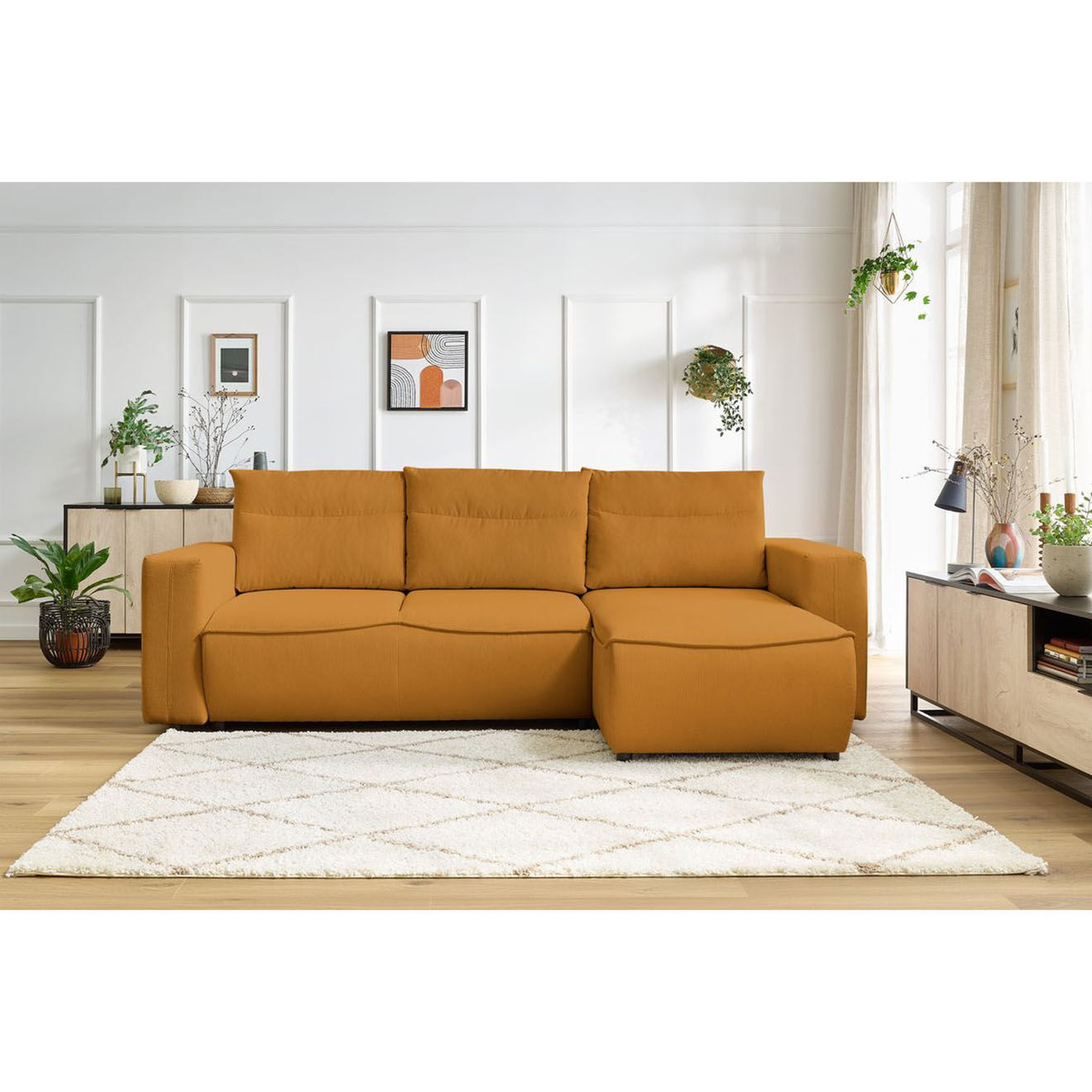 Bobochic Canapé d'angle droit convertible coffre jasmin velours côtelé jaune - 256x158x90 cm