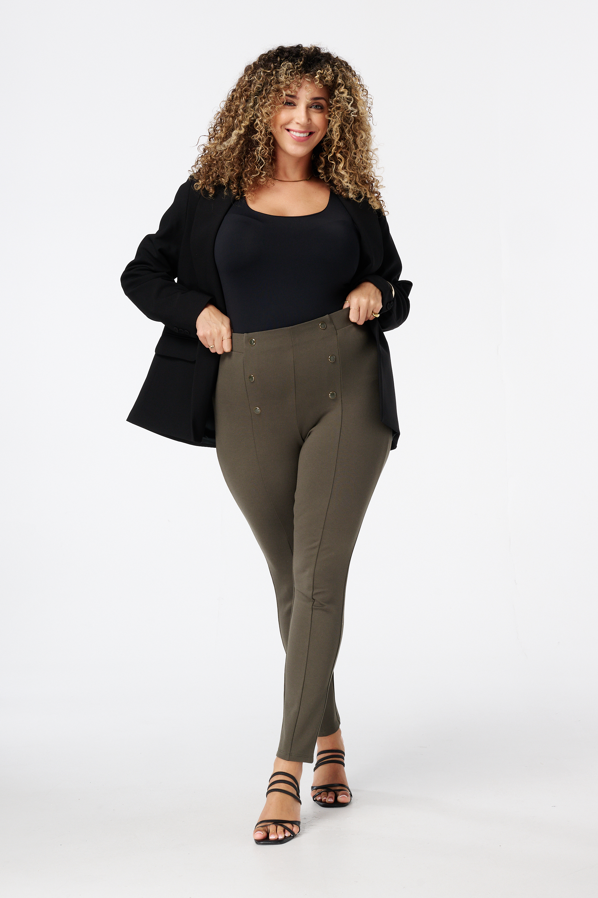 Tregging met sierknopen Donker khaki