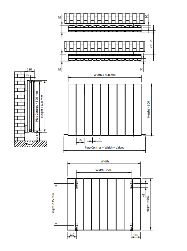 Eastbrook Guardia radiator 85x60cm aluminium 1440W grijs mat