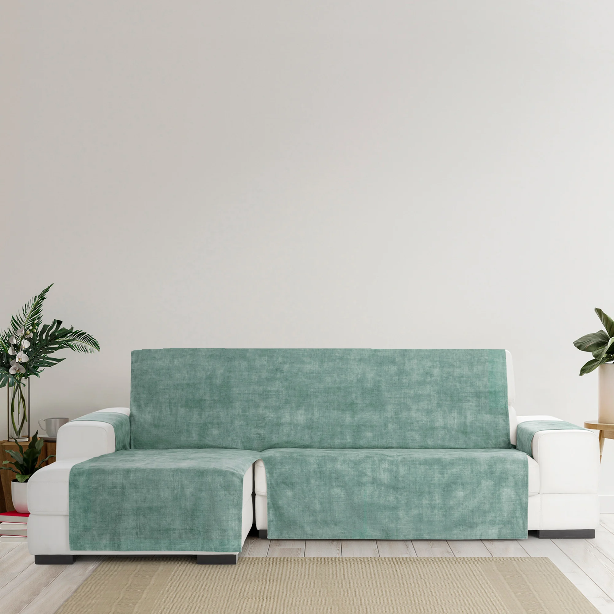 Capa protetora antimanchas para sofá com acabamento em veludo, verde, chaise longue com chaise à esquerda, 240 cm (250-300 cm)