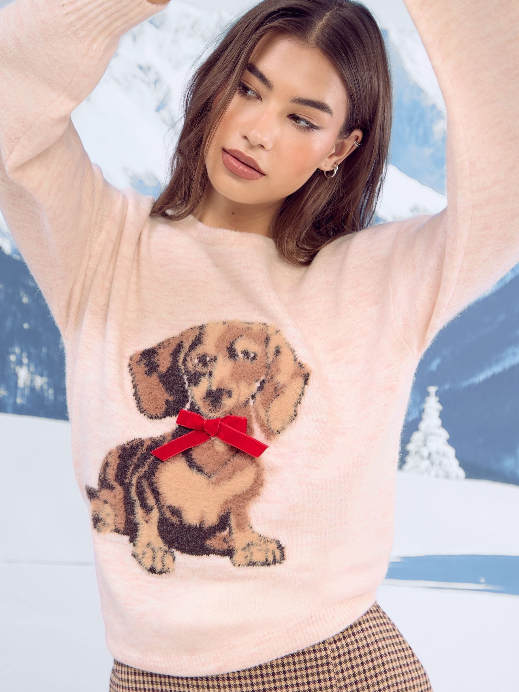 Cream Sausage Dog - Lipsy Christmas Crew Neck Cosy Knitted Jumper