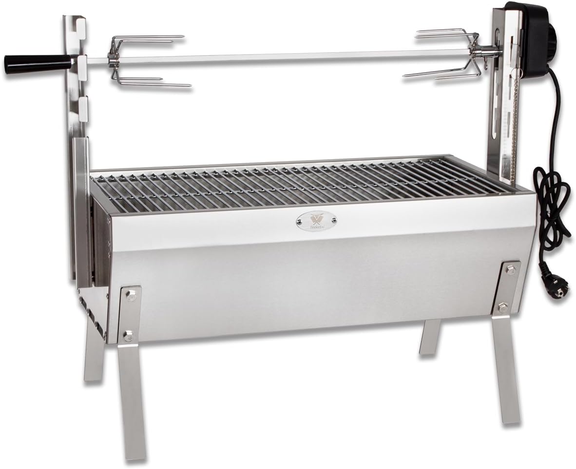 Beeketal 'SGB-8' Tisch Spießbratengrill mit Grillmotor für Hähnchen oder Rollbraten, Spießgrill mit 3-fach verstellbarem Drehspieß für bis zu 4 kg Grillgut, Grillfläche Holzkohlegrill: ca. 60x32 cm