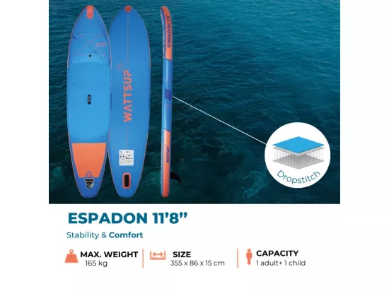 Sup Gonflable WATTSUP ESPADON 11'8 - 355x86x15cm Dropstitch - Pack Pagaie Leash Pompe Sac de Transport