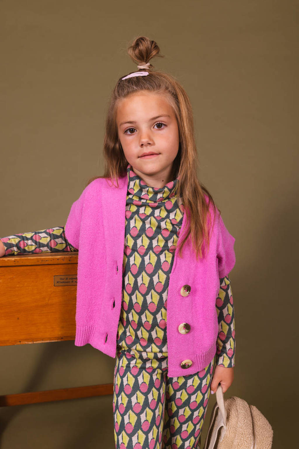 Quapi fijngebreide longsleeve DJENN met all over print petrol/limegroen/roze