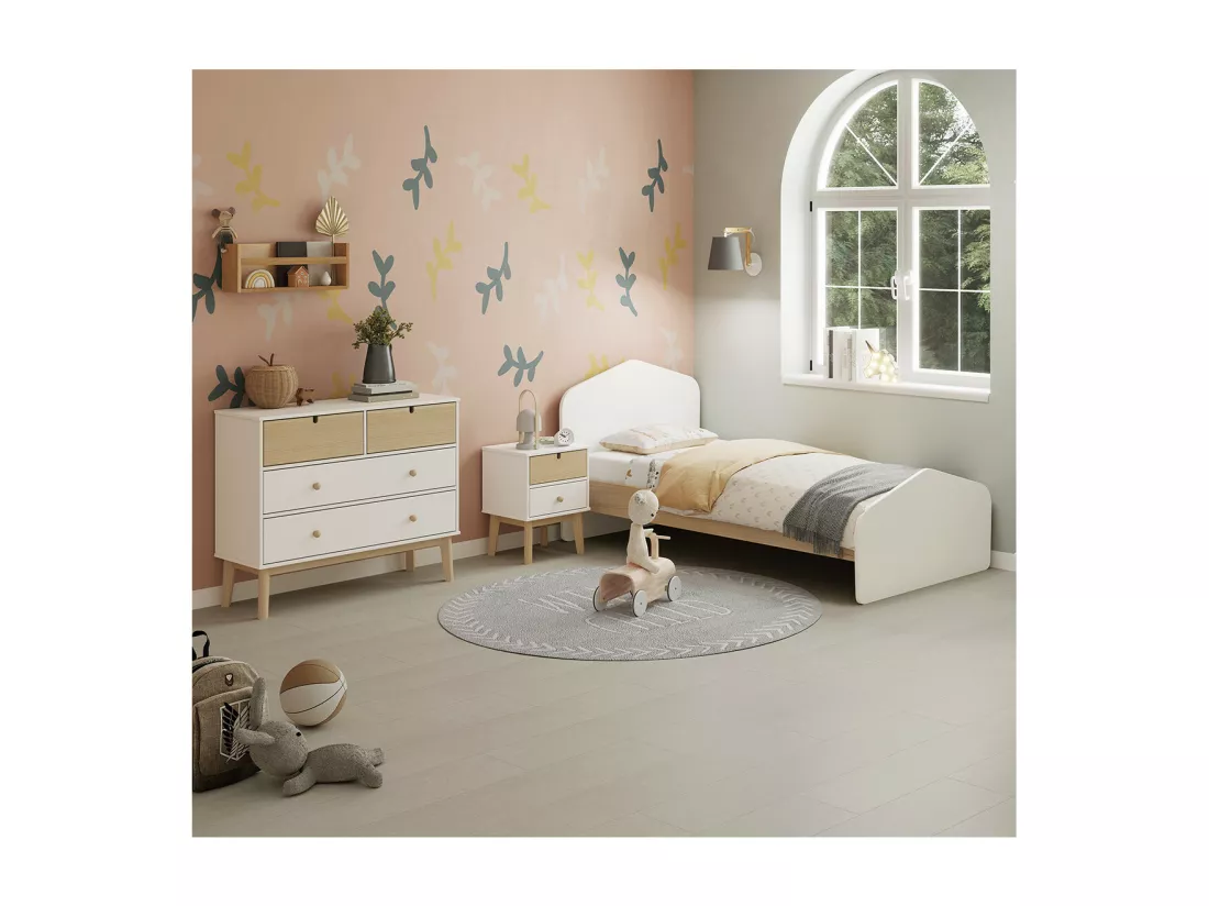 KAINA - Pack Lit 90x190cm + Chevet 2 Tiroirs + Commode 4T Coloris Blanc et Naturel