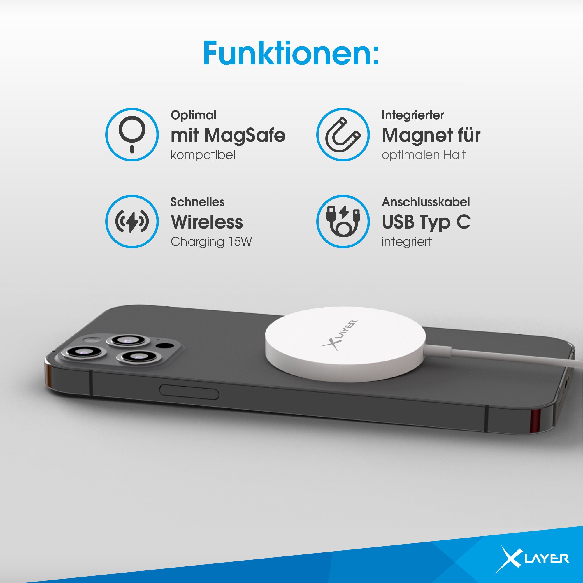 Xlayer WIRELESS Ladegerät MagFix Pro Magsafe Wireless Charging Pad kompatibel 15W Weiß