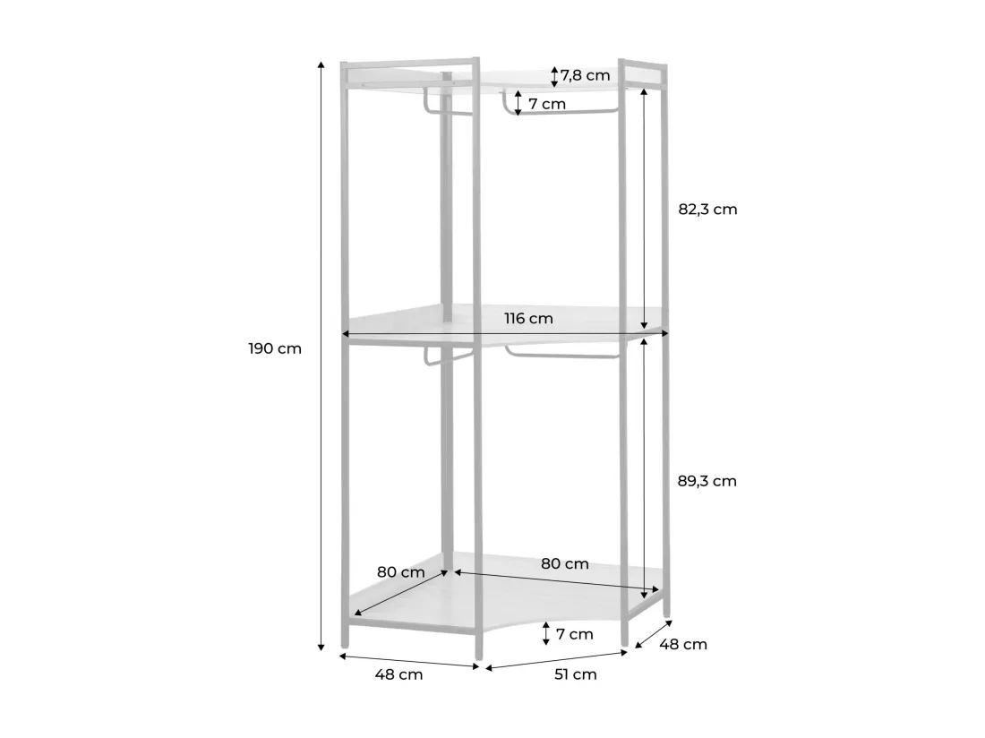Module dressing d'angle noir avec 4 penderies et 2 étagères. L 80 x P 80 x H 190 cm