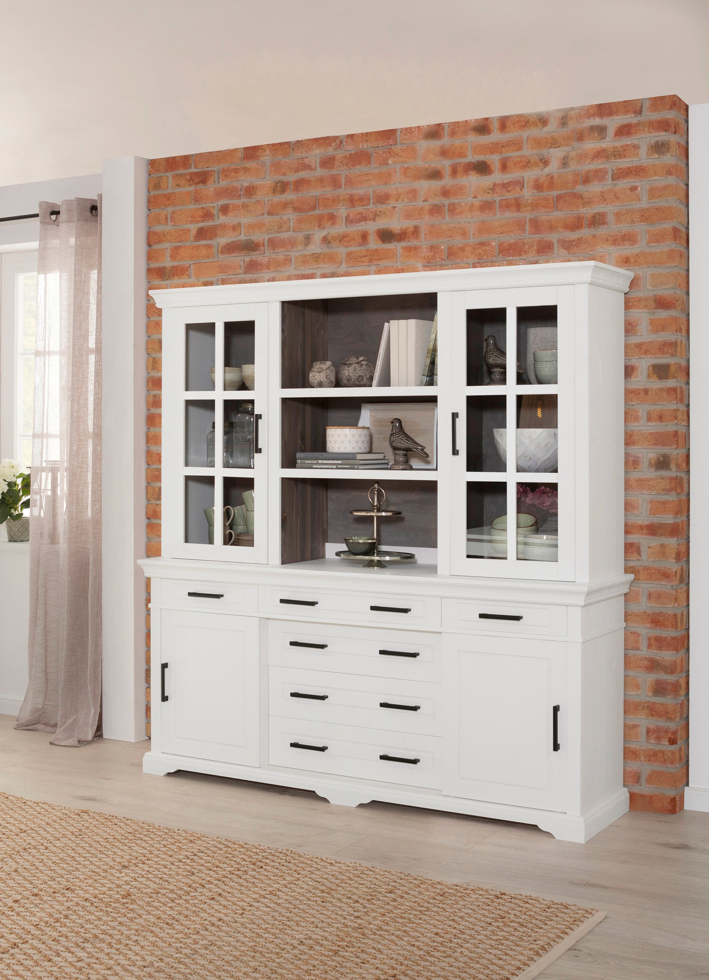 Home affaire Buffet »Anabel, mit Glastüren und Metallgriffen« aus massiver Kiefer, FSC®, mit Schiebetüren, Breite 186 cm