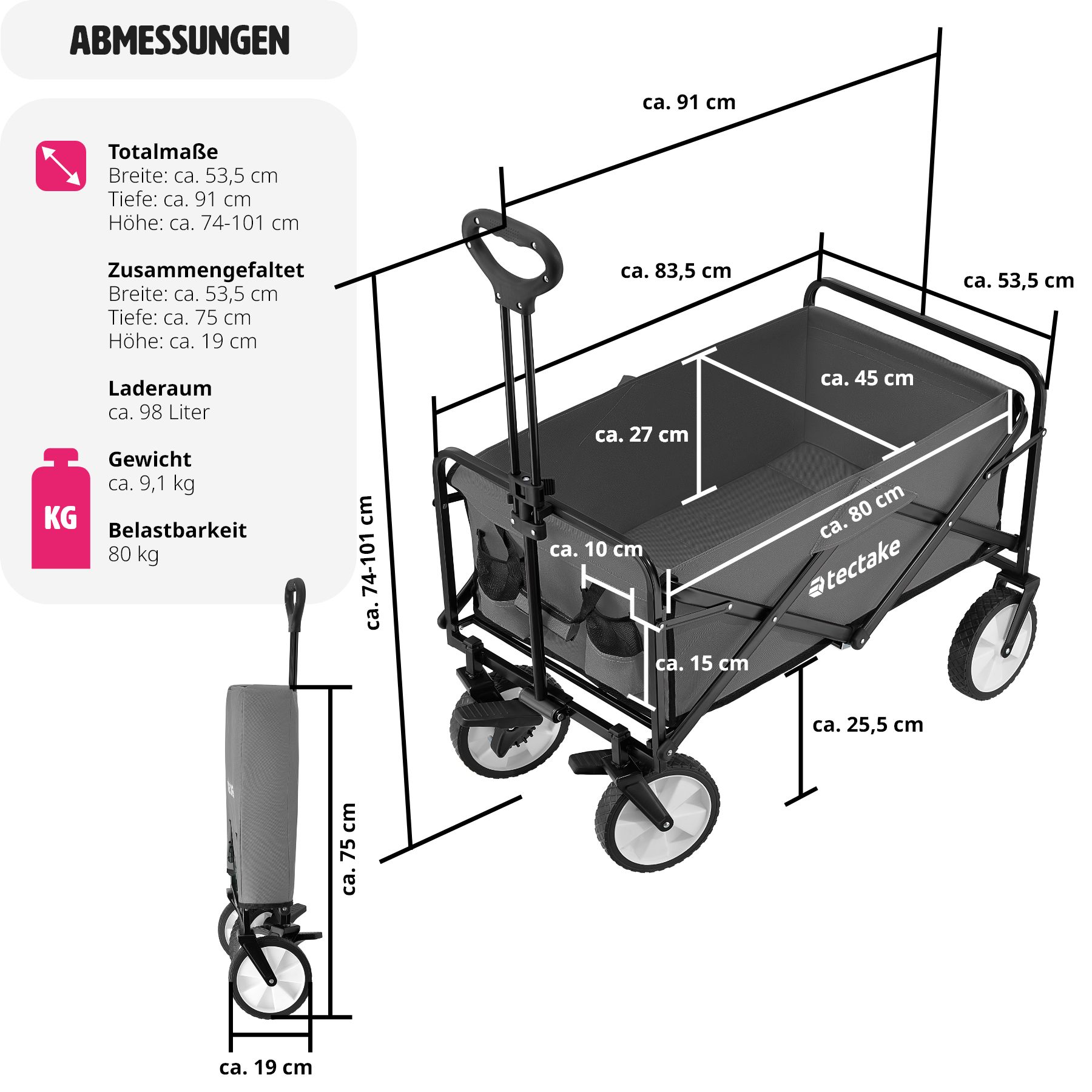 tectake® Bollerwagen, faltbar, abnehmbarer Stoffeinsatz mit 2 Netztaschen, inklusive Tragetasche, Belastbarkeit 80 kg