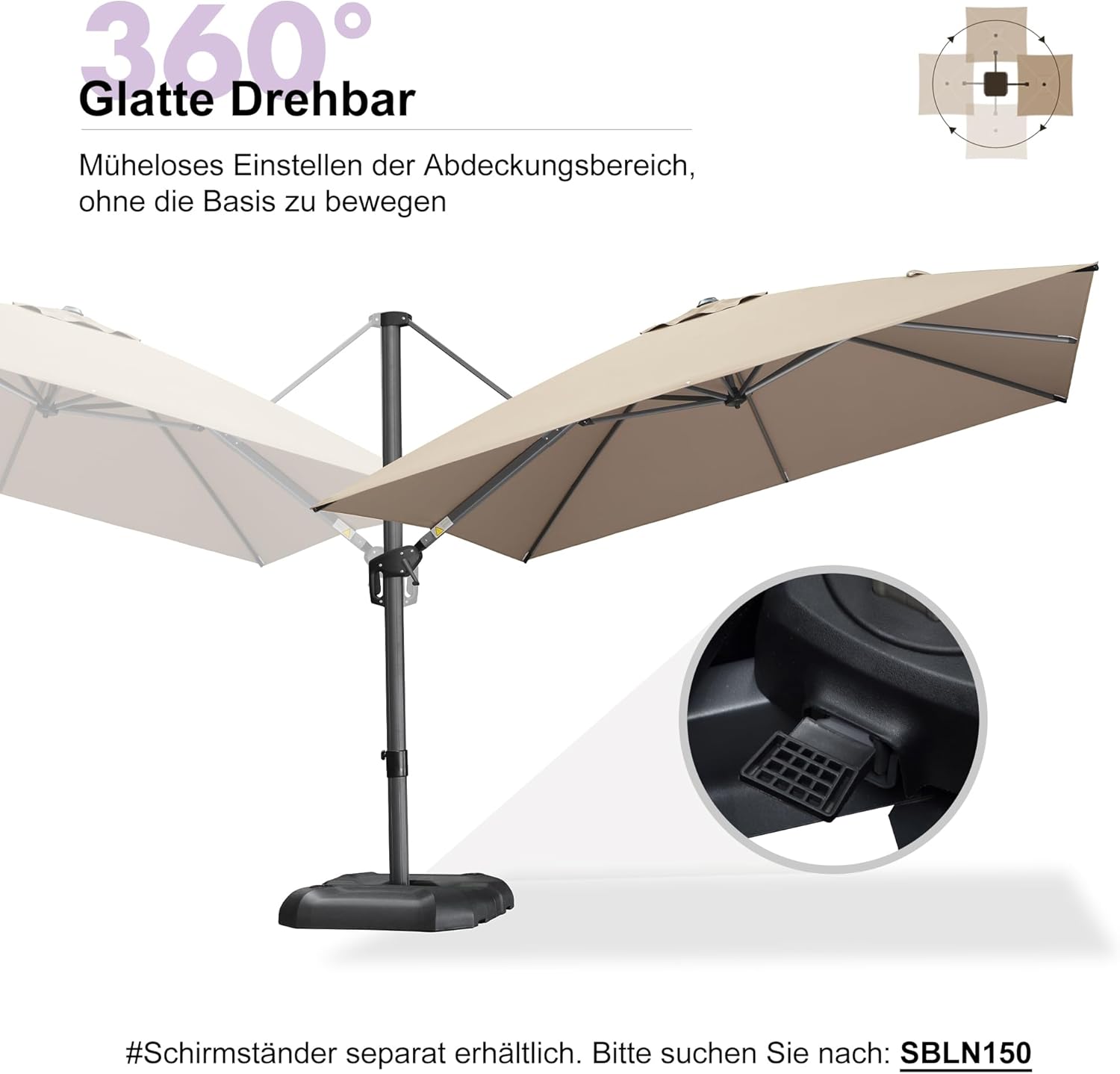 PURPLE LEAF Sonnenschirm 300 x 300 cm, Aluminium Ampelschirm mit Kurbel, Gartenschirm mit Kreuzsockel, 360° Rotation, UV-Schutz, für Terrasse, Balkon, Taupe
