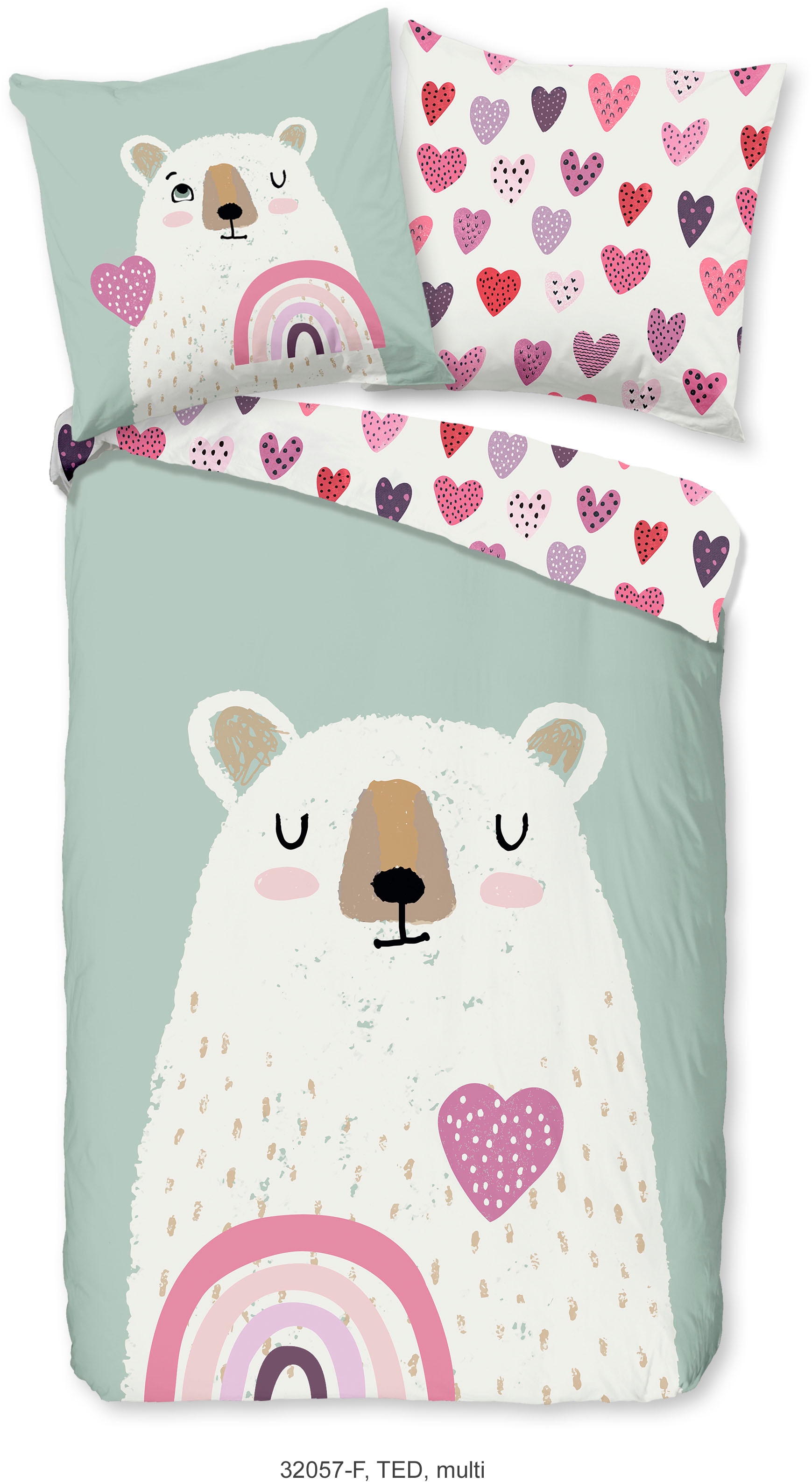 good morning Kinderbettwäsche »Ted« 2 Stk. tlg. Flanell, Biber, 135x200, Warm, Wende, Kind, Bär, Eisbär, minzgrün