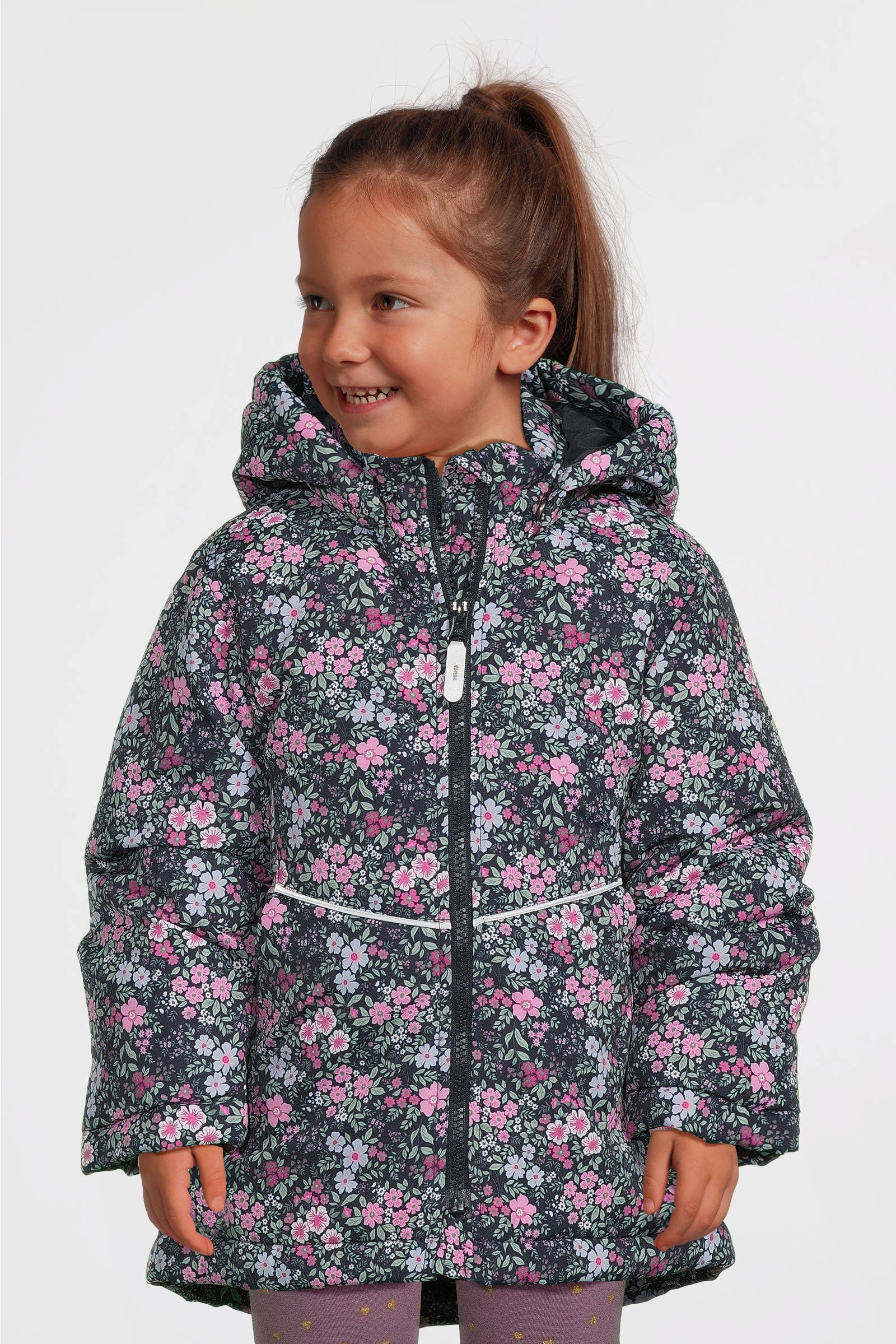 NAME IT gebloemde  winterjas NMFMAXI donkerblauw/roze