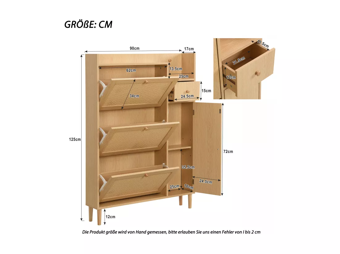 Armoire à chaussures en rotin, 3 portes battantes et 1 tiroir avec pieds et poignées en bois massif, dimensions: B90 / h125 / t17 cm
