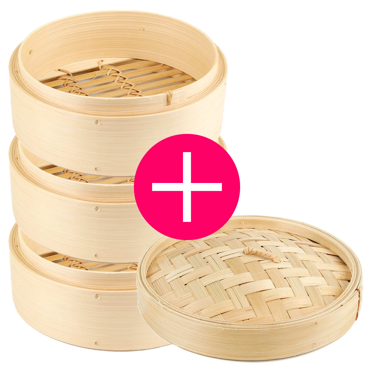 Lot 3 paniers vapeur en Bambou 20cm + 1 couvercle